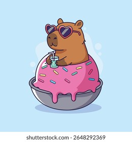 Capybara bonito desfrutando de uma bebida enquanto flutua em uma rosquinha. Ilustração vetorial