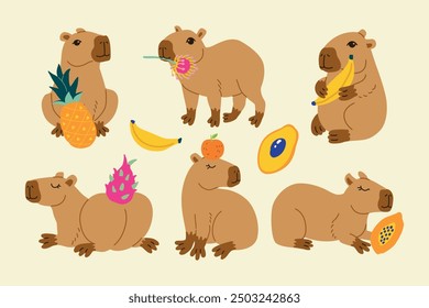 Cute capybara with exotic fruits in various poses vector illustration set. South America mammal with tropical fruits print or poster. Cartoon flat isolated vector set