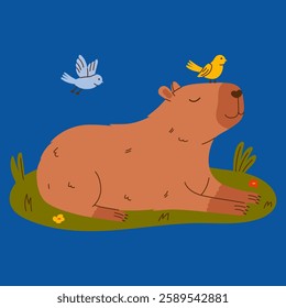 Cute capybara. Exotic rodent rests on grass with birds. Hand drawn vector illustration