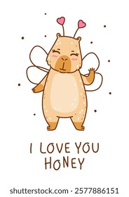 Cute сartoon capybara with fairy wings - funny animal for Your Valentines day design