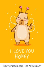 Cute сartoon capybara with fairy wings - funny animal for Your Valentines day design