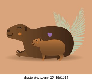 Família capivara bonito com bebê com folhas, ilustração de stock de vetor plano com capivaras juntos