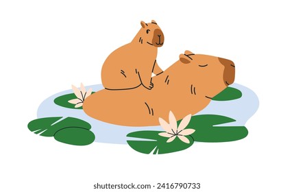 La familia de los capibara. Madre divertida y cachorro de cachorro capibaras. Felices personajes de animales de capy, mamá y niño, bañándose, nadando, relajándose en el agua. Ilustración vectorial plana aislada en fondo blanco