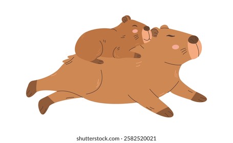 A cute Capybara family lying together. A baby capybara snoozes on its mother. Motherly love. Child illustration. Flat isolated vector illustration on white background