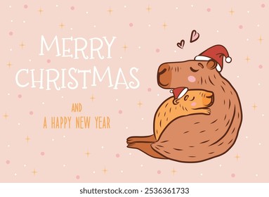 Cute capybara family - mother and baby with Santa hat. Greeting card - Merry Christmas and happy new year. Vector illustration.