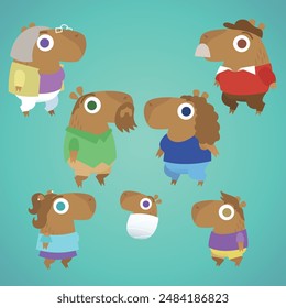 Conjunto de familia de capibara lindo. Divertido divertido capibara papá, mamá, hijo, hija, bebé, abuelo, abuela. Adorables animales. Ilustración vectorial plana de dibujos animados sobre fondo verde plano