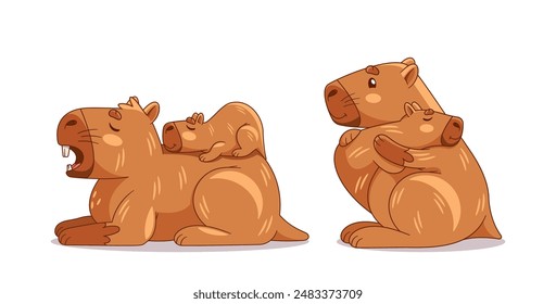 Nette Capybara Familie in verschiedenen entzückenden Posen. Charmante Cartoon-Illustration fängt die Wärme und Liebe ein