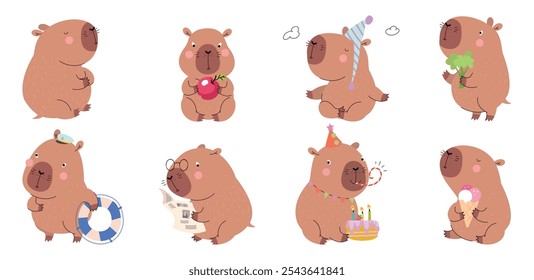 Cute capybara. Fatty funny capybaras, rodent eat apple and broccoli. Adorable children mascots, cartoon wild animals characters nowaday vector clipart