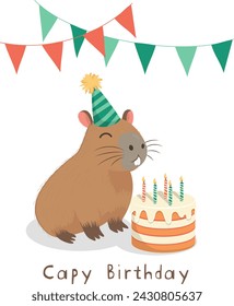 Lindo capibara en gorras festivas soplando velas en un pastel de cumpleaños, banderas rojas y verdes, confeti colorido. Inscripción de cumpleaños de Capy. Postal, tarjeta de felicitación, invitación, vector plano