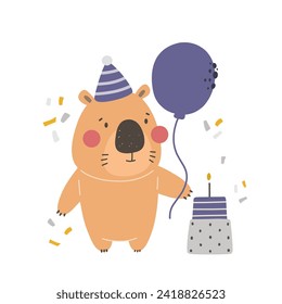 Cute capybara in a festive hat and with a balloon, children's birthday party, cake with candles. Cute vector animals