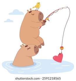 cute capybara fishing, catching heart, february 14 card, love, support, capybara, sticker, lovers, girl, america, rodent, fairy tale, fantasy, swim, entertainment, fishing, fishing rod, luck