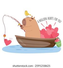 cute capybara fishing, catching heart, february 14 card, love, boat, capybara, sticker, many hearts, girl, america, rodent, fairy tale, fantasy, bird, entertainment, fishing, fishing rod, luck