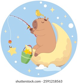 cute capybara fishing, catching stars, moon, capybara on the moon, stars, bird, sky, night, sweet dreams, dream, fantasy, fisherman, calm, harmony, blue background, make a wish, falling star, magic