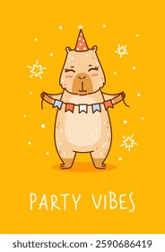 Cute сartoon capybara with flags decoration on yellow background - funny animal for Your Birthday greeting card design
