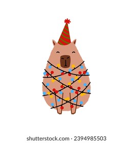 Cute capybara in flat style. Capybara vector illustration for Merry Christmas and New Year greeting card