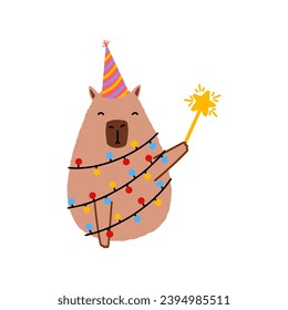 Cute capybara in flat style. Capybara vector illustration for Merry Christmas and New Year greeting card