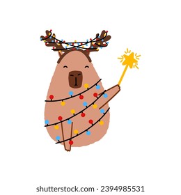 Cute capybara in flat style. Capybara vector illustration for Merry Christmas and New Year greeting card