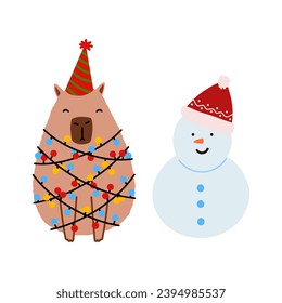 Cute capybara in flat style. Capybara vector illustration for Merry Christmas and New Year greeting card