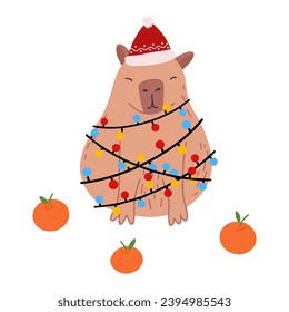 Cute capybara in flat style. Capybara vector illustration for Merry Christmas and New Year greeting card