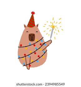 Cute capybara in flat style. Capybara vector illustration for Merry Christmas and New Year greeting card