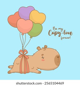 Cute capybara flies with balloons hearts. Funny cartoon kawaii character animal. Kids collection. Vector illustration. Holiday Valentine card with cool phrase .