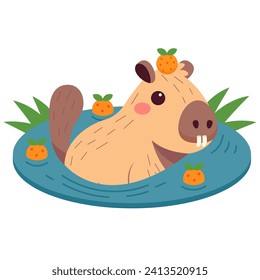 Cute Capybara floating in water with oranges. Amusing kawaii baby water pig character. Flat vector illustration.