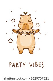 Cute сartoon capybara with floral decor isolated on white background - funny animal for Your happy summer greeting card design