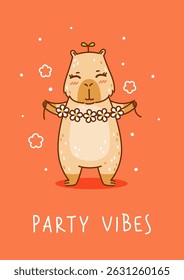 Cute сartoon capybara with floral decor on red background - funny animal for Your happy summer greeting card design