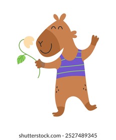 Lindo capibara con flor. Divertido animal feliz. Vector a mano alzada plana ilustración aislada