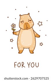 Bonito сcapivara de artoon com flor isolada no fundo branco - animal engraçado para seu projeto feliz cartão de saudação de verão