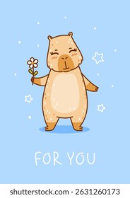Cute сartoon capybara with flower on blue background - funny animal for Your happy summer greeting card design