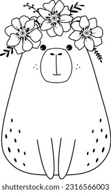 Cute capybara with flowers wreath. Simple character design. Coloring page for children. 