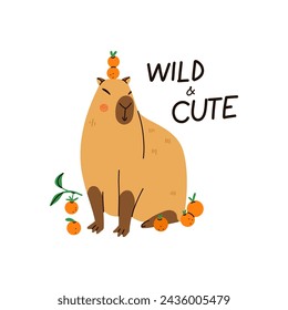 Bonito capibara. Capibara divertido, adorable animal exótico con naranjas. Sudamérica mamífero relajante, frase de letras, impresión o póster. Ilustración de vector aislado plano de dibujos animados de roedores amistosos