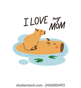 Bonito capibara. Divertido capibara, adorable animal exótico. Sudamérica mamífero relajante, frase de letras, impresión o póster. Mamá y bebé nadando. Ilustración de vector aislado plano de dibujos animados