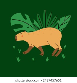 Bonito capibara. Divertido capibara, adorable animal exótico con hojas naranjas y tropicales de pie. Sudamérica mamífero relajante, hojas tropicales y naranjas ilustración vectorial aislada plana de dibujos animados