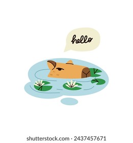 Cute capybara. Funny capibara, adorable exotic animal swimming. South America mammal relaxing, lettering phrase, print or poster. Friendly rodent cartoon flat isolated vector illustration