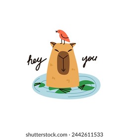 Cute capybara. Funny capibara, adorable exotic animal swimming. South America mammal relaxing, lettering phrase, print or poster. Friendly rodent cartoon flat isolated vector illustration