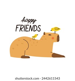 Cute capybara. Funny capibara, adorable exotic animal with oranges. South America mammal relaxing, lettering phrase, print or poster. Friendly rodent. Cartoon flat isolated vector illustration