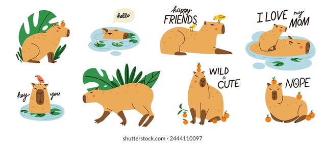 Cute capybara. Funny capibara, adorable exotic animal swimming, standing and sitting. South America mammal relaxing, lettering phrase, print or poster. Cartoon flat isolated vector illustration set