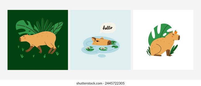 Cute capybara. Funny capibara, adorable exotic animal swimming, standing and sitting. South America mammal relaxing, lettering phrase, print or poster. Cartoon flat isolated vector set