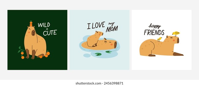 Cute capybara. Funny capibara, adorable exotic animal swimming, standing and sitting. South America mammal relaxing, lettering phrase, print or poster. Cartoon flat isolated vector set