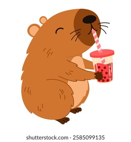 Cute capybara. Funny flat cartoon animal. Kawaii hand drawn capibara print design for sticker, postcard, tshirt. Vector illustration isolated on the white background. 