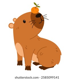 Cute capybara. Funny flat cartoon animal. Kawaii hand drawn capibara print design for sticker, postcard, tshirt. Vector illustration isolated on the white background. 