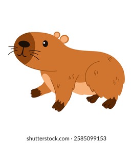 Cute capybara. Funny flat cartoon animal. Kawaii hand drawn capibara print design for sticker, postcard, tshirt. Vector illustration isolated on the white background. 