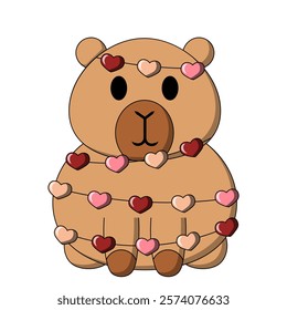 Cute Capybara with garland in form heart in color