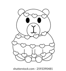 Cute Capybara with garland in form heart in black and white