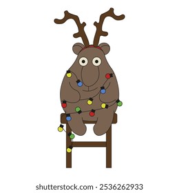 Cute Capybara in garland on the chair. Funny Christmas template design with fun animal isolated transparent background. Vector illustration. EPS 10