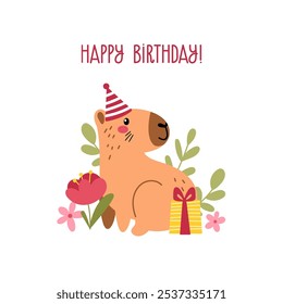 Cute capybara with gift box decorated with flowers in a party hat on white background and text - happy birthday.