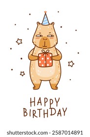 Cute сartoon capybara with gift  isolated on white background - funny animal for Your Birthday greeting card design