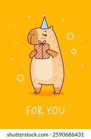 Cute сartoon capybara with gift  on yellow background - funny animal for Your Birthday greeting card design